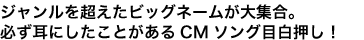 ジャンルを超えたビッグネームが大集合。
必ず耳にしたことがあるCMソング目白押し!