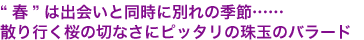 “春”は出会いと同時に別れの季節……
散り行く桜の切なさにピッタリの珠玉のバラード