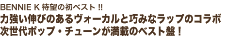 BENNIE K待望の初ベスト!!
力強い伸びのあるヴォーカルと巧みなラップのコラボ
次世代ポップ・チューンが満載のベスト盤!