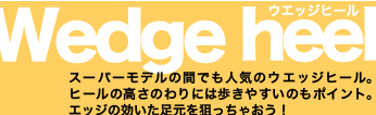 Wedge heel スーパーモデルの間でも人気のウエッジヒール。ヒールの高さのわりには歩きやすいのもポイント。エッジの効いた足元を狙っちゃおう!