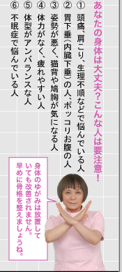 あなたの身体は大丈夫？こんな人は要注意！①頭痛、肩こり、生理不順などで悩んでいる人　②胃下垂（内臓下垂）の人、ポッコリお腹の人　③姿勢が悪く、猫背や鳩胸が気になる人　④体力がなく、疲れやすい人　⑤体型がアンバランスな人　⑥不眠症で悩んでいる人　身体のゆがみは放置していても改善されません。早めに骨格を整えましょうね。