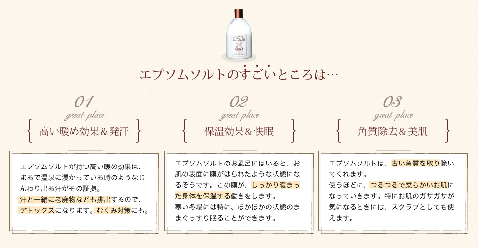 エプソムソルトの凄いところは。高い暖め効果＆発汗。保温効果＆快眠。角質除去＆美肌