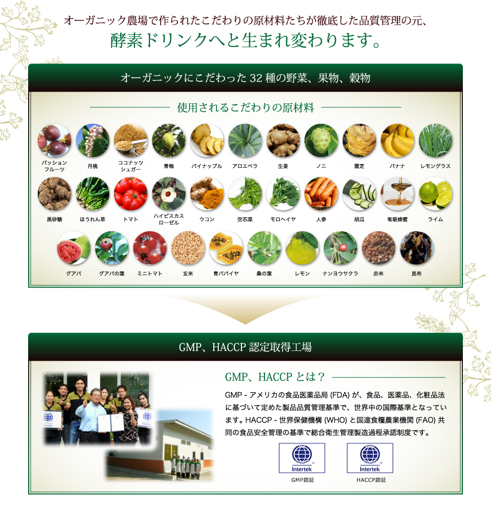 オーガニック農場で作られたこだわりの原材料たちが徹底した品質管理の元、酵素ドリンクへと生まれ変わります。オーガニックにこだわった32種の野菜、果物、穀物。GMP、HACCP認定取得工場